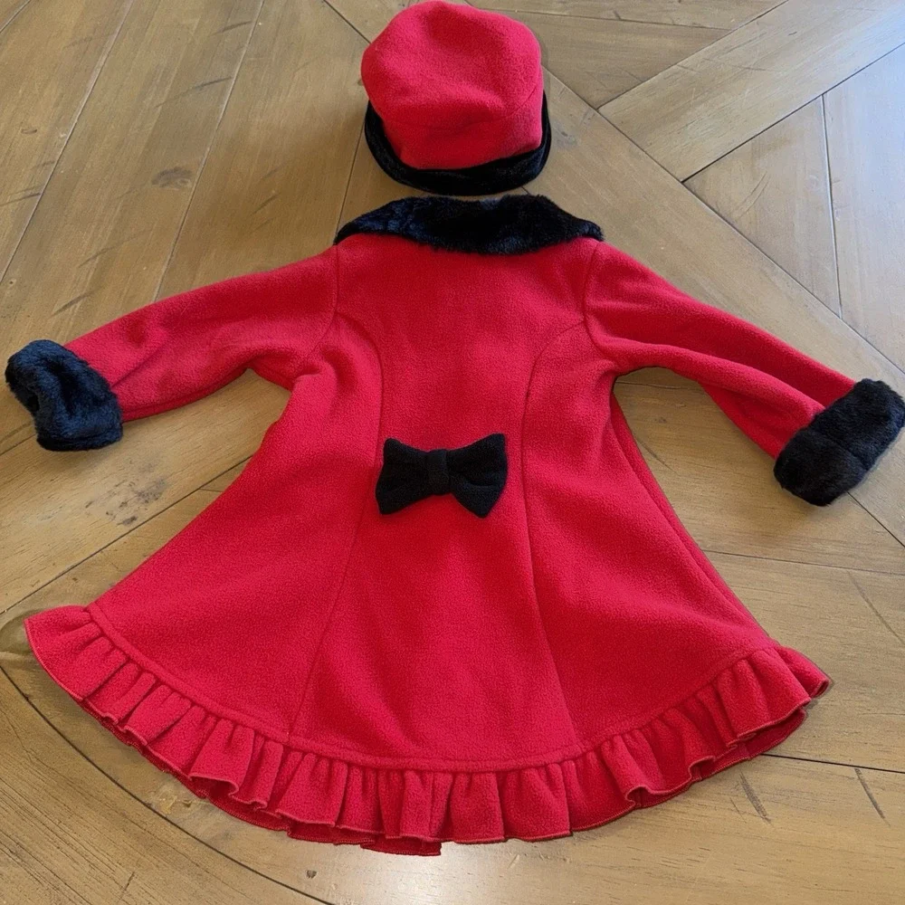 Starting Out Girls Red Dress Coat Matching Hat 18M Faux Fur Velvet Rose Holiday
